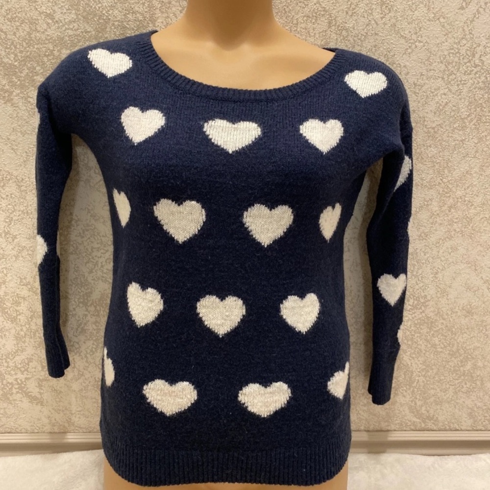 Express Navy Sweater with White Heart Patterns